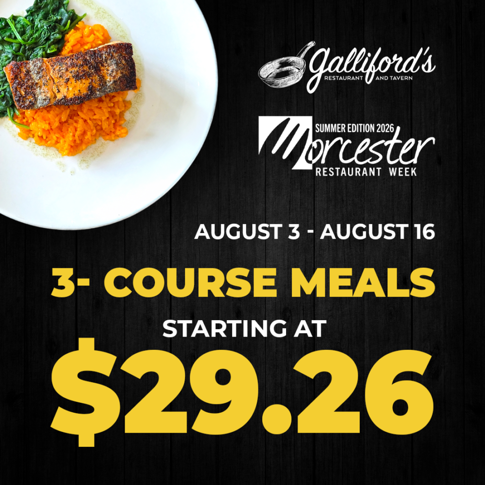 Galliford's joins Worcester Restaurant Week Aug 3–16! Choose from four three-course prix fixe meals, starting at $29.26. Reservations encouraged.
