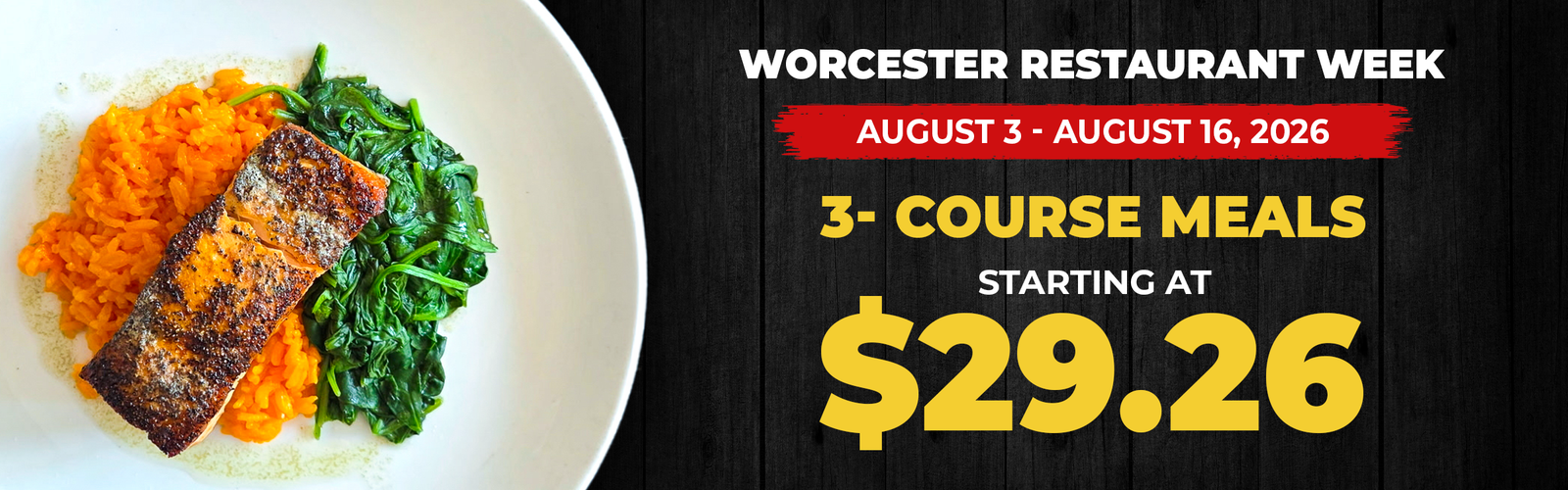 Galliford's 3 course meals starting at $29.26 for Worcester Restaurant Week, August 3 - 16, 2026