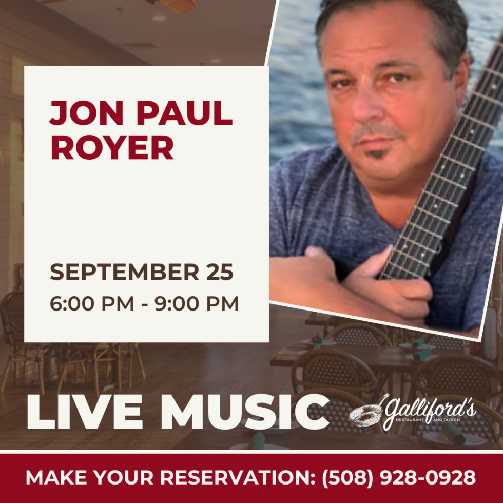 On Friday, September 25, 2026 from 6-9 PM, Jon-Paul Royer will be playing live music at Galliford’s Restaurant and Tavern.