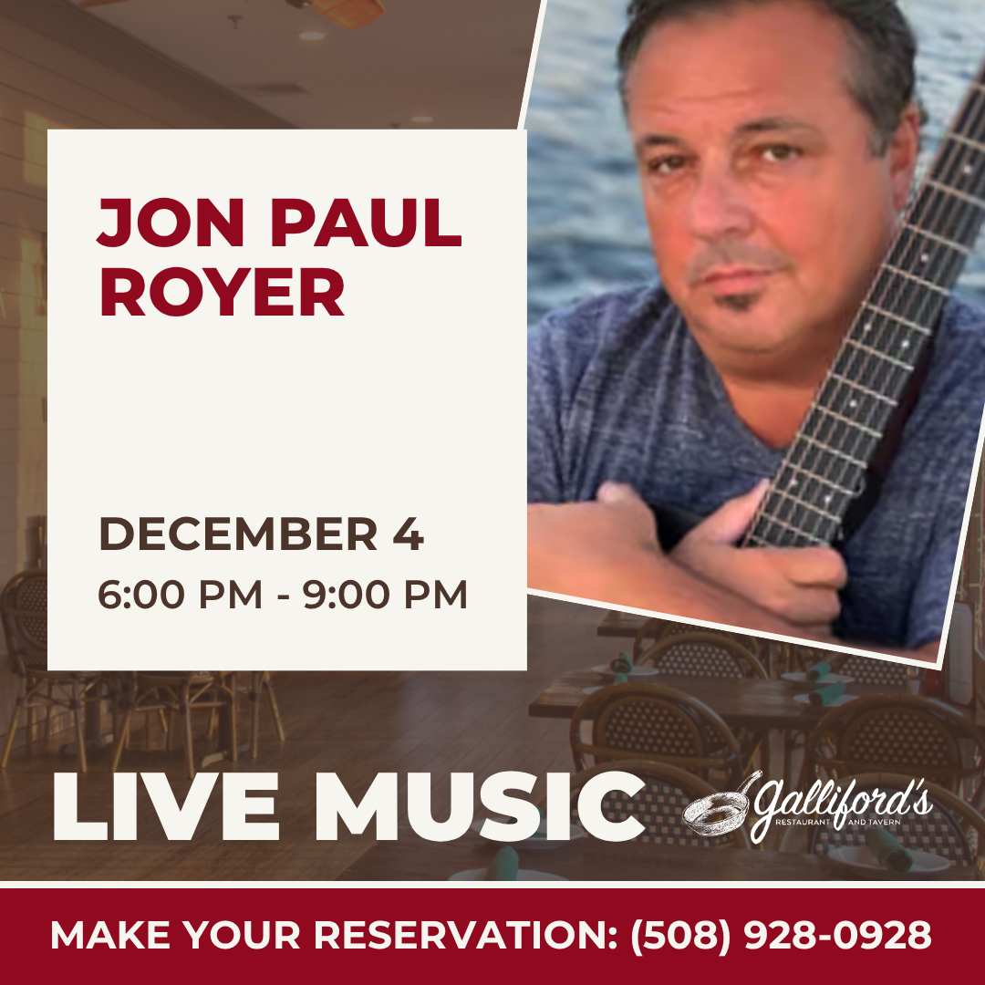 On Friday, December 4, 2026 from 6-9 PM, Jon-Paul Royer will be playing live music at Galliford’s Restaurant and Tavern.