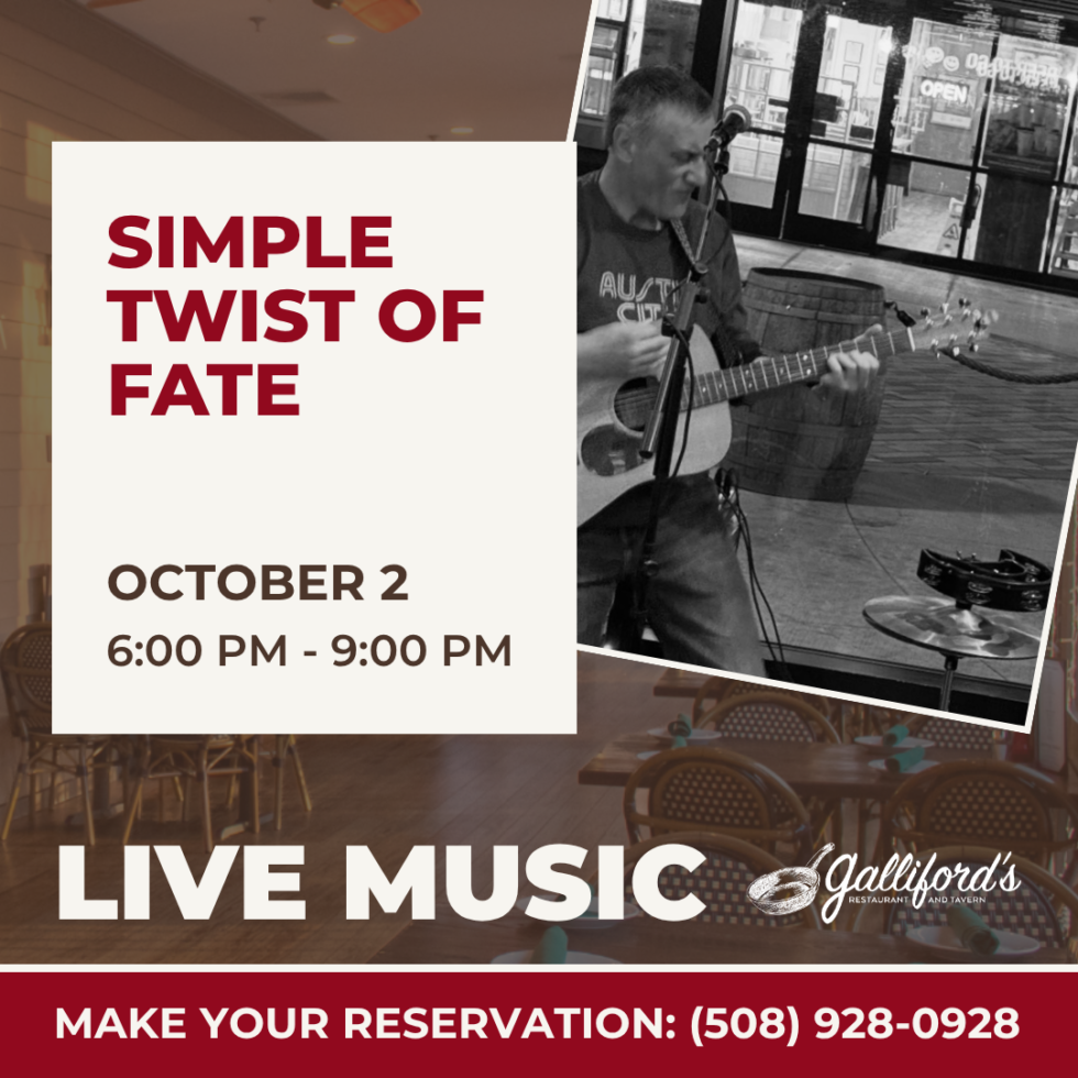 Simple Twist Of Fate will be performing live music at Galliford’s Restaurant & Tavern on Friday, October 2, 2026 from 6-9 PM.