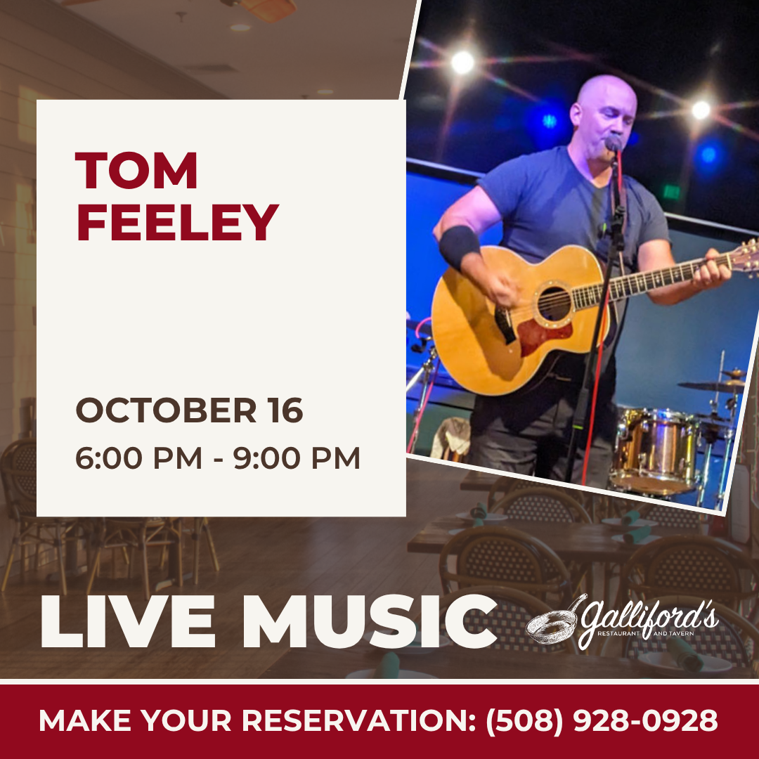 Singer-songwriter Tommy Feeley will be playing live music at Galliford’s Restaurant and Tavern on Friday, October 16, 2026 from 6-9 PM.