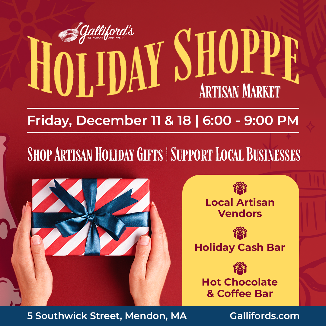 Discover a vibrant holiday market at Galliford’s Restaurant & Tavern’s Holiday Shoppe on December 11 & 18 from 6:00-9:00 PM featuring artisan vendors, seasonal drinks, and festive cheer.